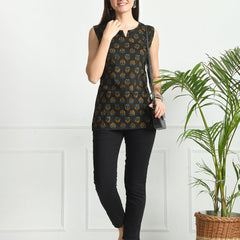 Cotton Printed V-Neck Sleeveless Short Kurti