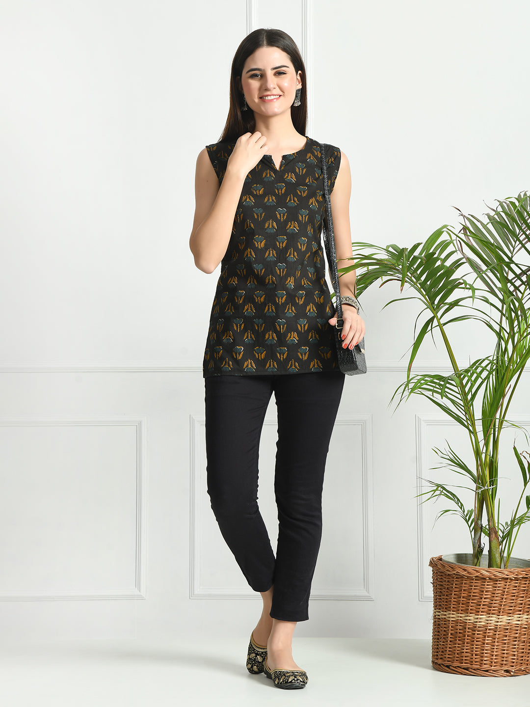 Cotton Printed V-Neck Sleeveless Short Kurti