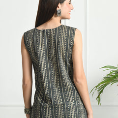 Cotton Printed V-Neck Sleeveless Short Kurti