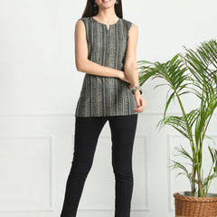 Cotton Printed V-Neck Sleeveless Short Kurti