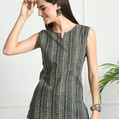 Cotton Printed V-Neck Sleeveless Short Kurti