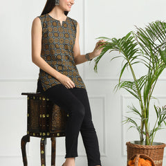 Cotton Printed V-Neck Sleeveless Short Kurti
