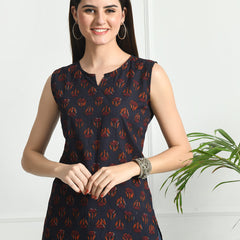 Cotton Printed V-Neck Sleeveless Short Kurti