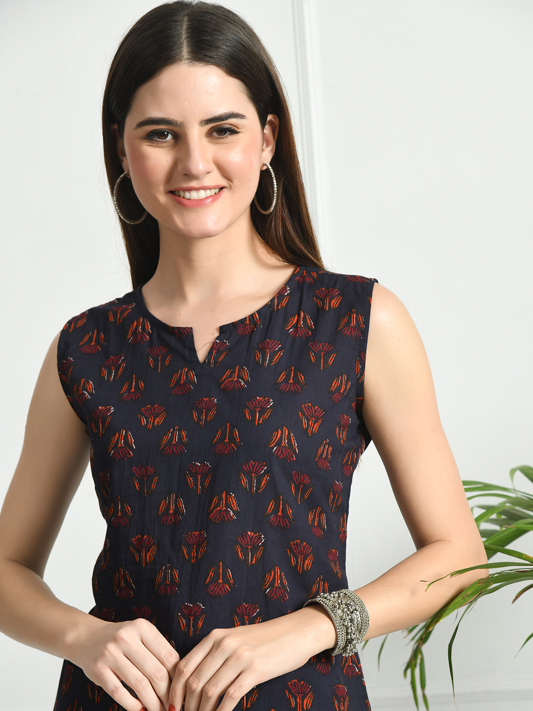 Cotton Printed V-Neck Sleeveless Short Kurti