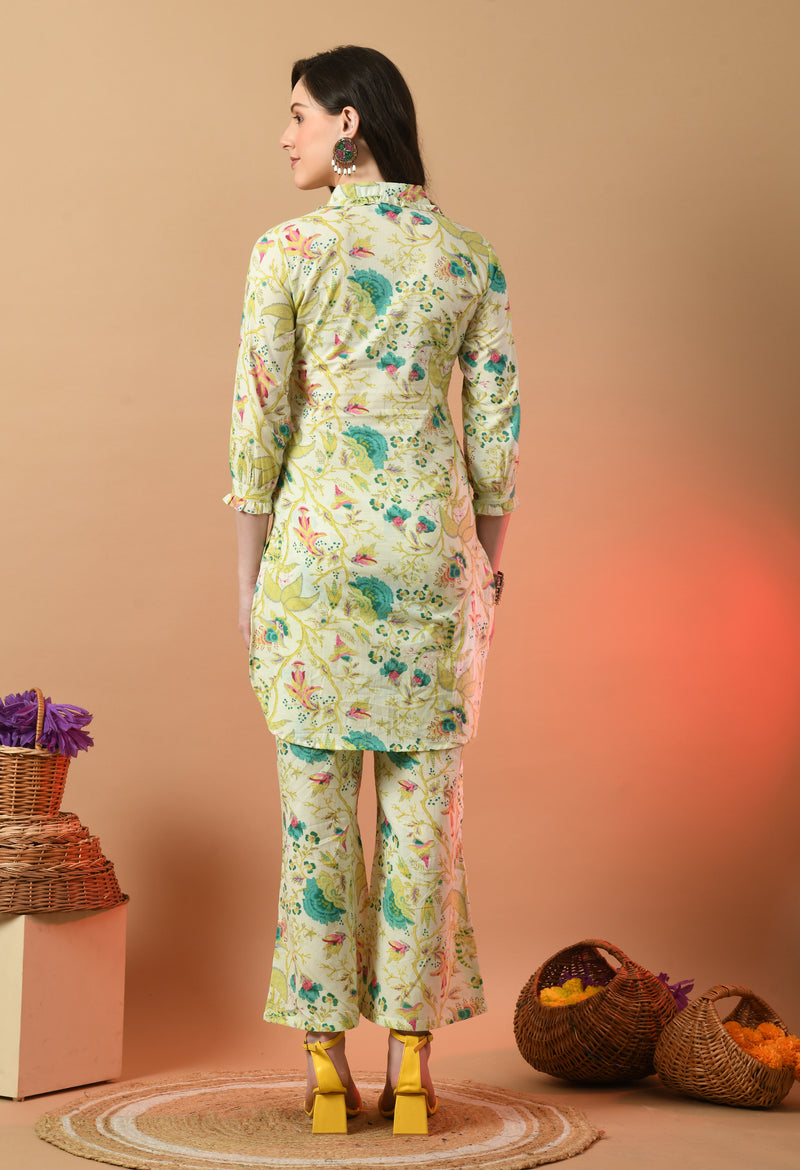 Multicolor Elegant Collared Co-Ord Set with Frill Detail & Elasticated Pants