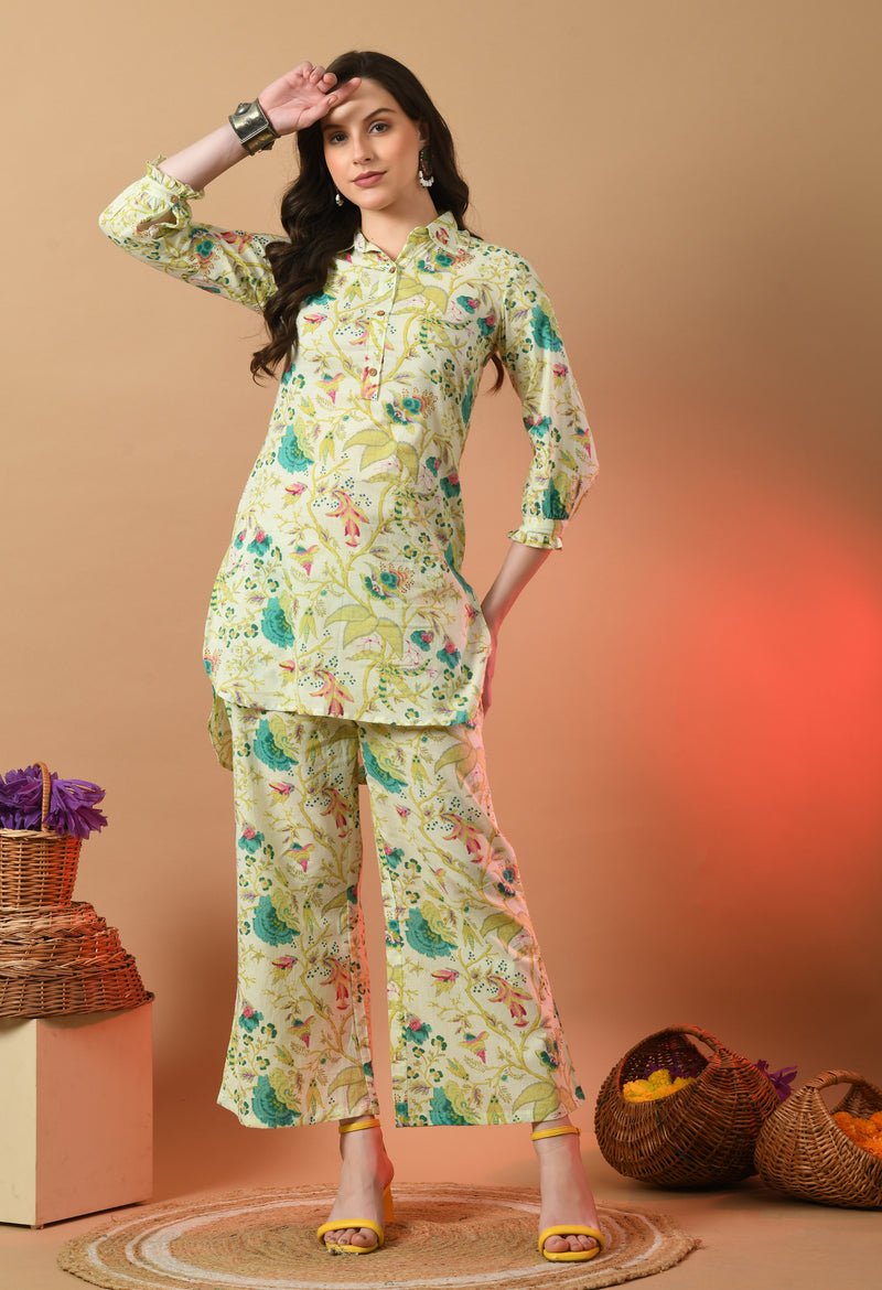 Multicolor Elegant Collared Co-Ord Set with Frill Detail & Elasticated Pants