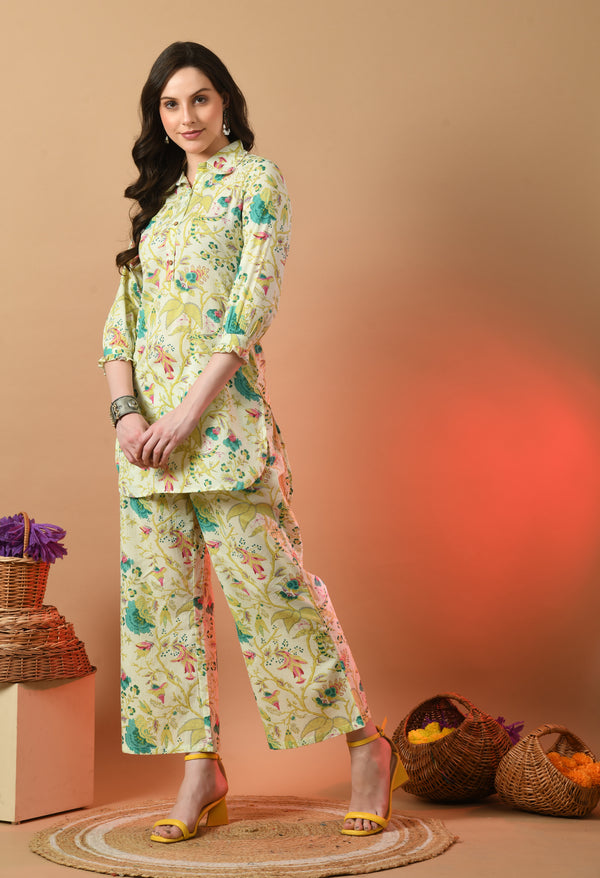 Multicolor Elegant Collared Co-Ord Set with Frill Detail & Elasticated Pants