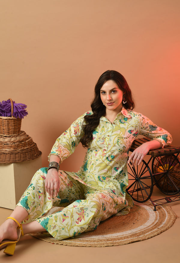 Multicolor Elegant Collared Co-Ord Set with Frill Detail & Elasticated Pants