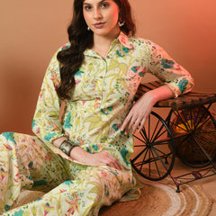 Multicolor Elegant Collared Co-Ord Set with Frill Detail & Elasticated Pants