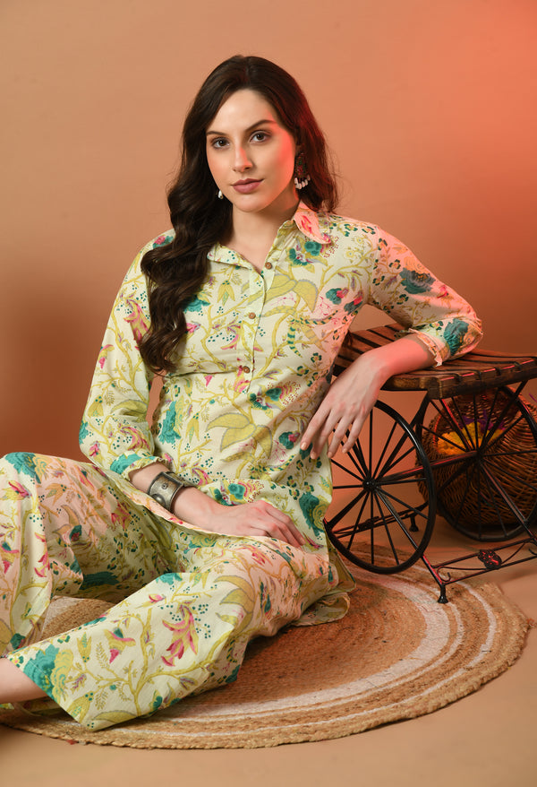 Multicolor Elegant Collared Co-Ord Set with Frill Detail & Elasticated Pants