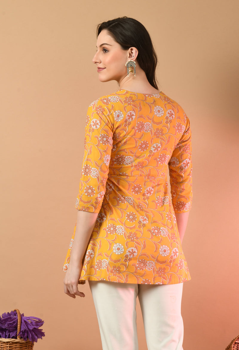 Floral Print Angrakha 3\4 Sleeves Flared Kurti