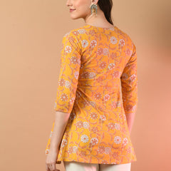 Floral Print Angrakha 3\4 Sleeves Flared Kurti