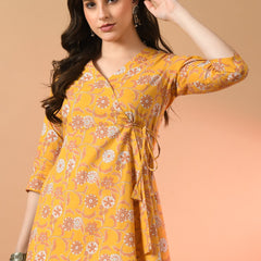 Floral Print Angrakha 3\4 Sleeves Flared Kurti