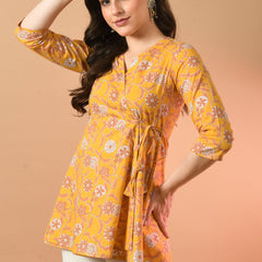 Floral Print Angrakha 3\4 Sleeves Flared Kurti