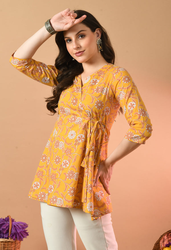 Floral Print Angrakha 3\4 Sleeves Flared Kurti
