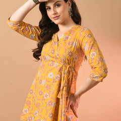 Floral Print Angrakha 3\4 Sleeves Flared Kurti