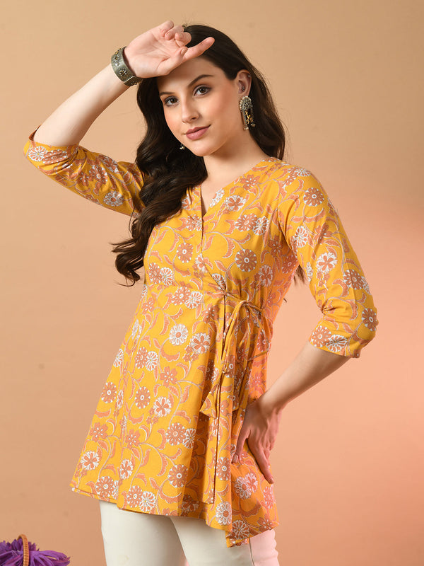 Floral Print Angrakha 3\4 Sleeves Flared Kurti