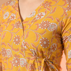 Floral Print Angrakha 3\4 Sleeves Flared Kurti