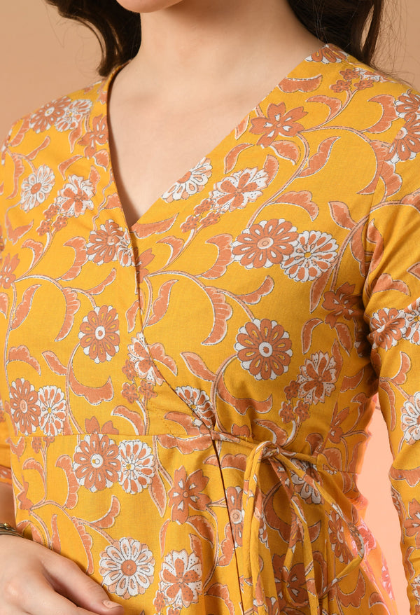 Floral Print Angrakha 3\4 Sleeves Flared Kurti