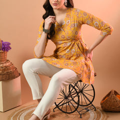 Floral Print Angrakha 3\4 Sleeves Flared Kurti