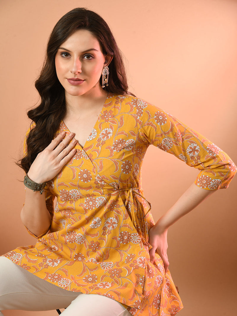 Floral Print Angrakha 3\4 Sleeves Flared Kurti