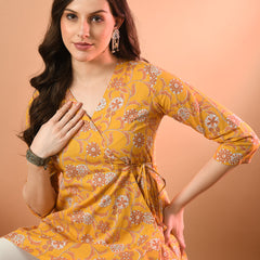 Floral Print Angrakha 3\4 Sleeves Flared Kurti