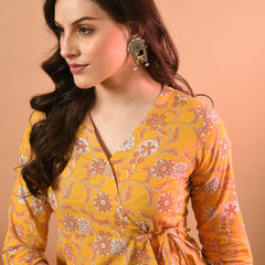 Floral Print Angrakha 3\4 Sleeves Flared Kurti