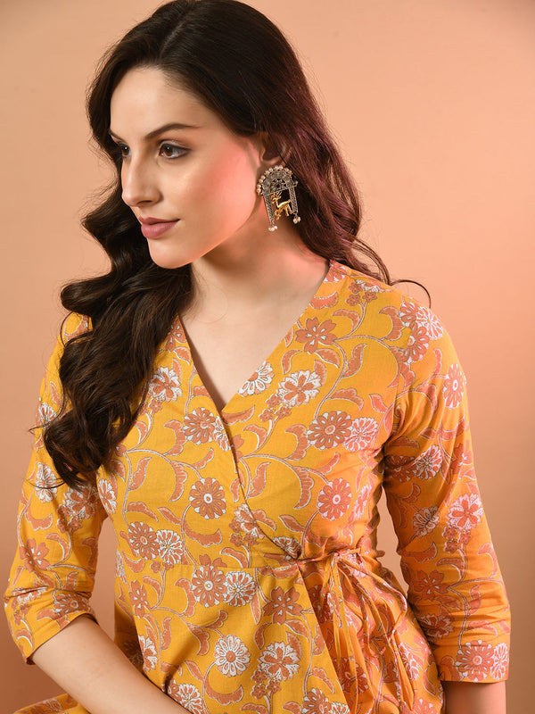 Floral Print Angrakha 3\4 Sleeves Flared Kurti