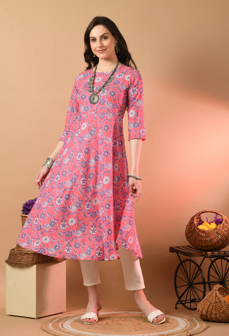 Round Neck Floral Print Long Kurti