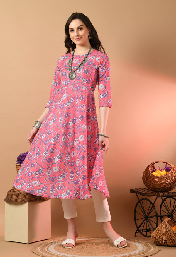 Round Neck Floral Print Long Kurti