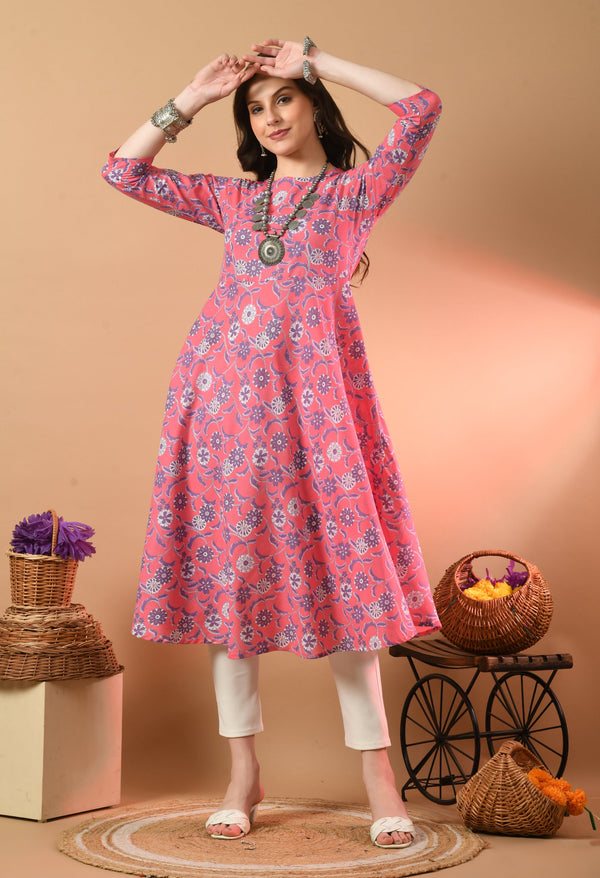 Round Neck Floral Print Long Kurti
