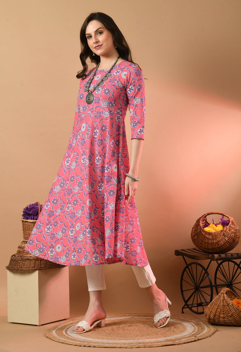 Round Neck Floral Print Long Kurti