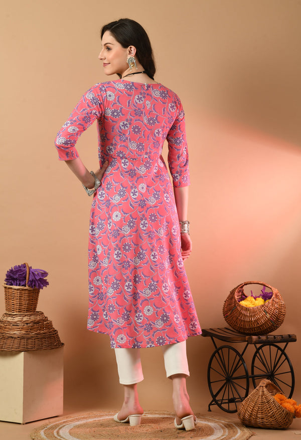 Round Neck Floral Print Long Kurti
