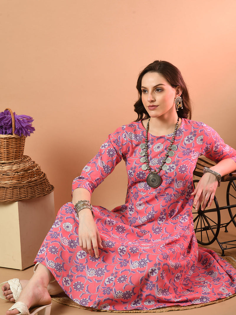 Round Neck Floral Print Long Kurti