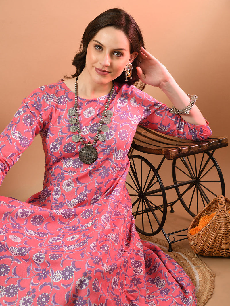 Round Neck Floral Print Long Kurti