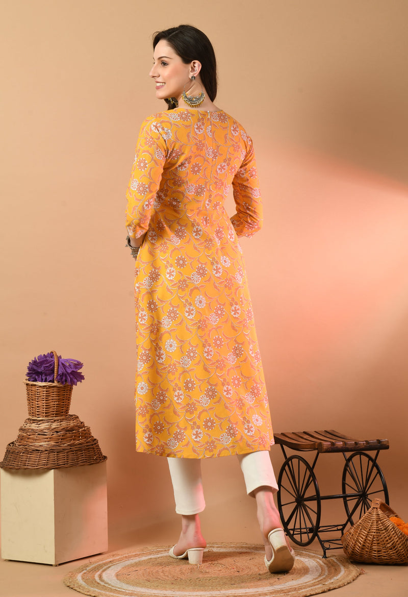 Round Neck Floral Print Long Kurti