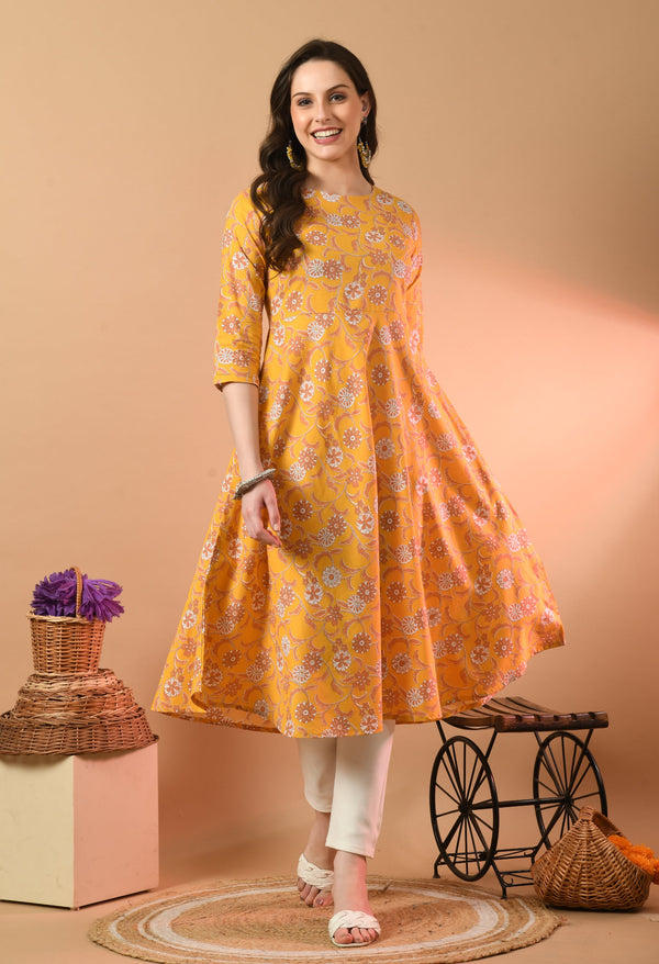 Round Neck Floral Print Long Kurti