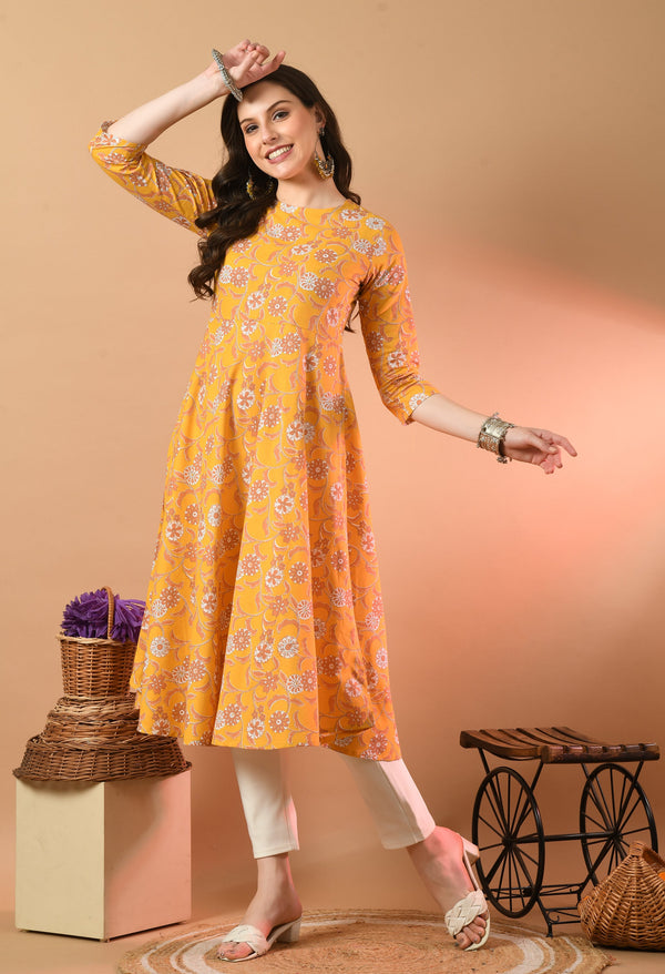 Round Neck Floral Print Long Kurti