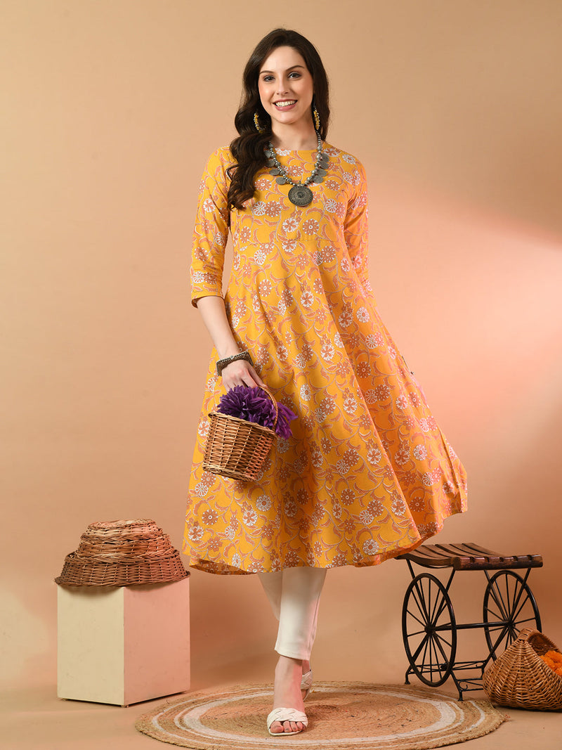 Round Neck Floral Print Long Kurti