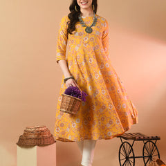 Round Neck Floral Print Long Kurti