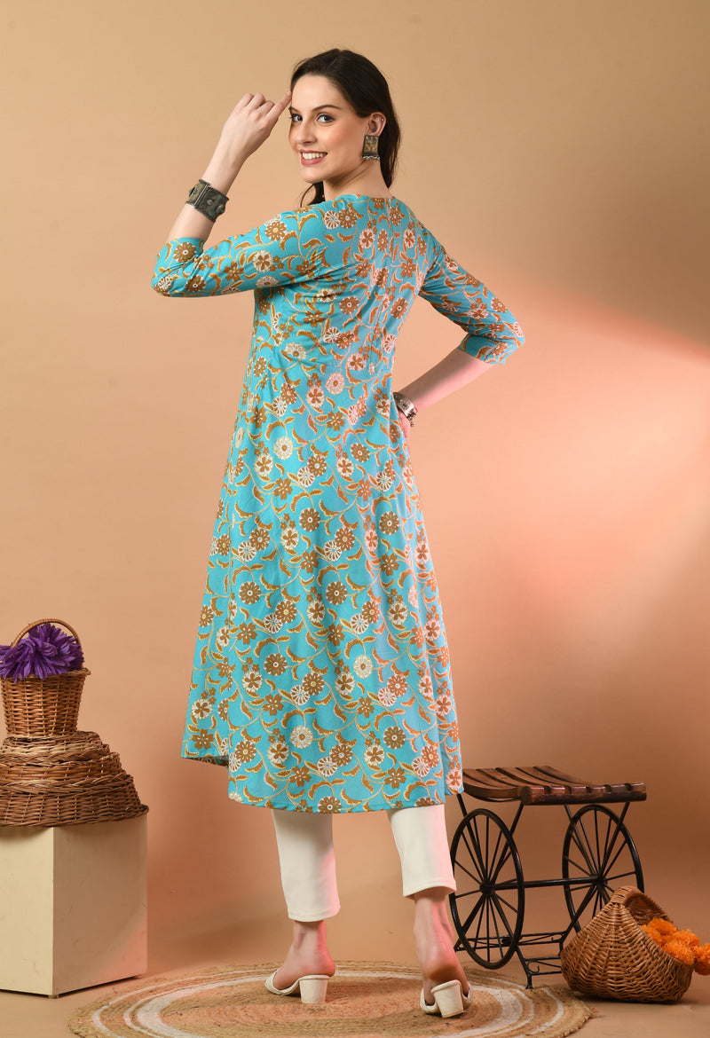 Round Neck Floral Print Long Kurti