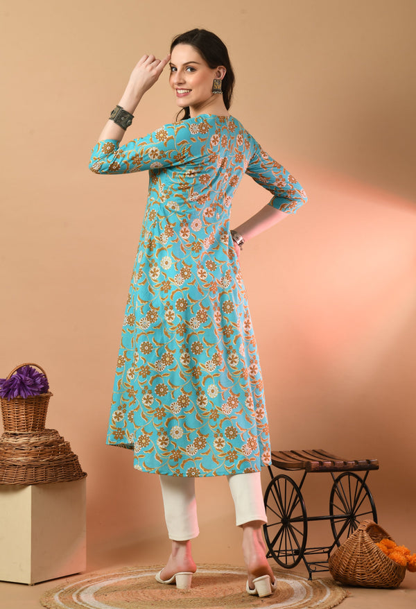 Round Neck Floral Print Long Kurti