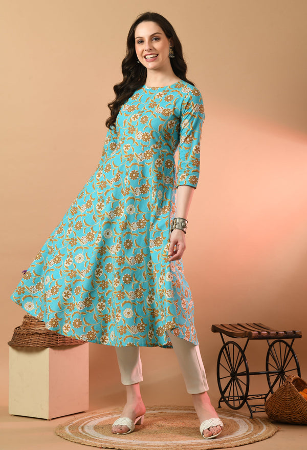 Round Neck Floral Print Long Kurti