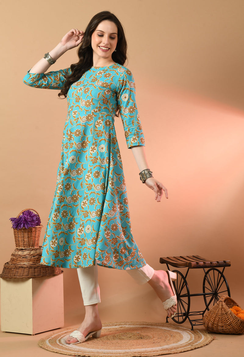 Round Neck Floral Print Long Kurti