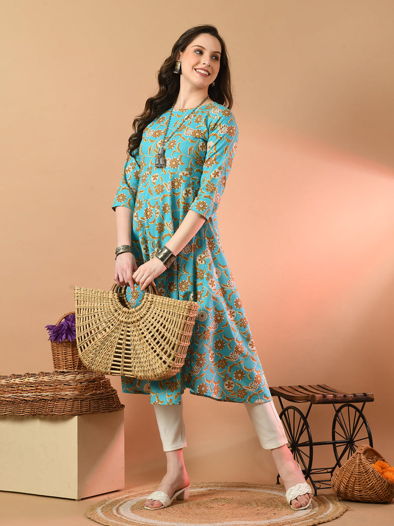 Round Neck Floral Print Long Kurti