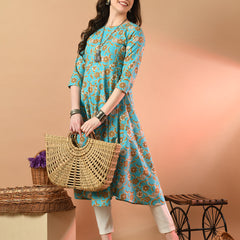 Round Neck Floral Print Long Kurti
