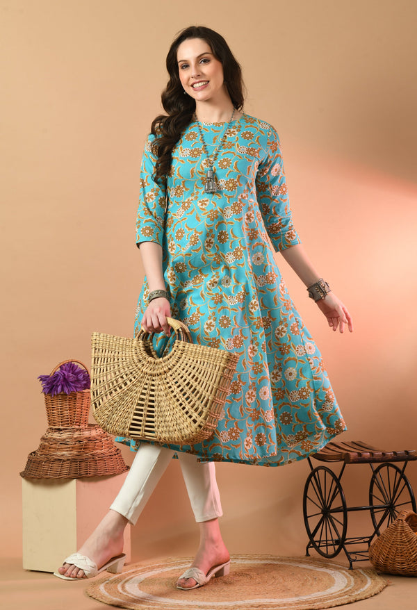 Round Neck Floral Print Long Kurti