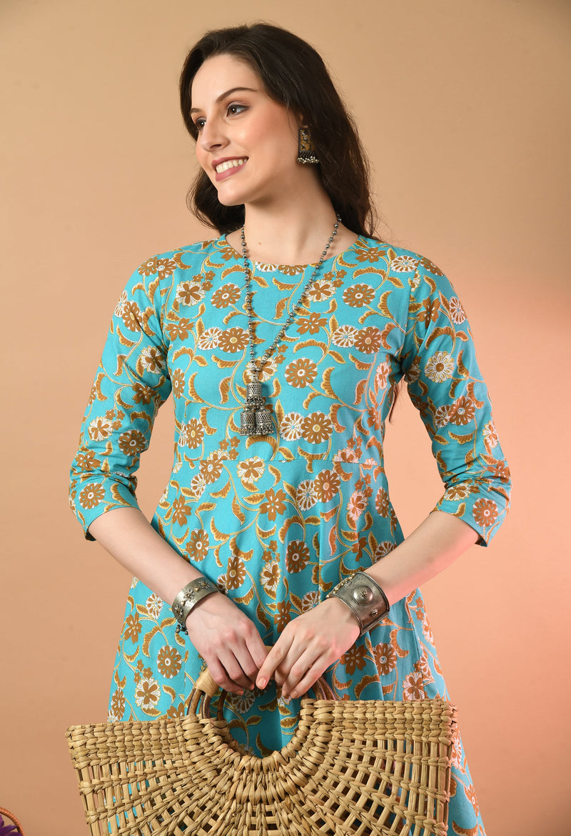 Round Neck Floral Print Long Kurti