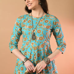 Round Neck Floral Print Long Kurti