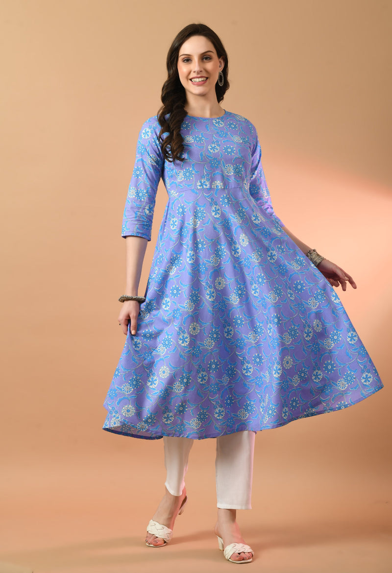 Round Neck Floral Print Long Kurti